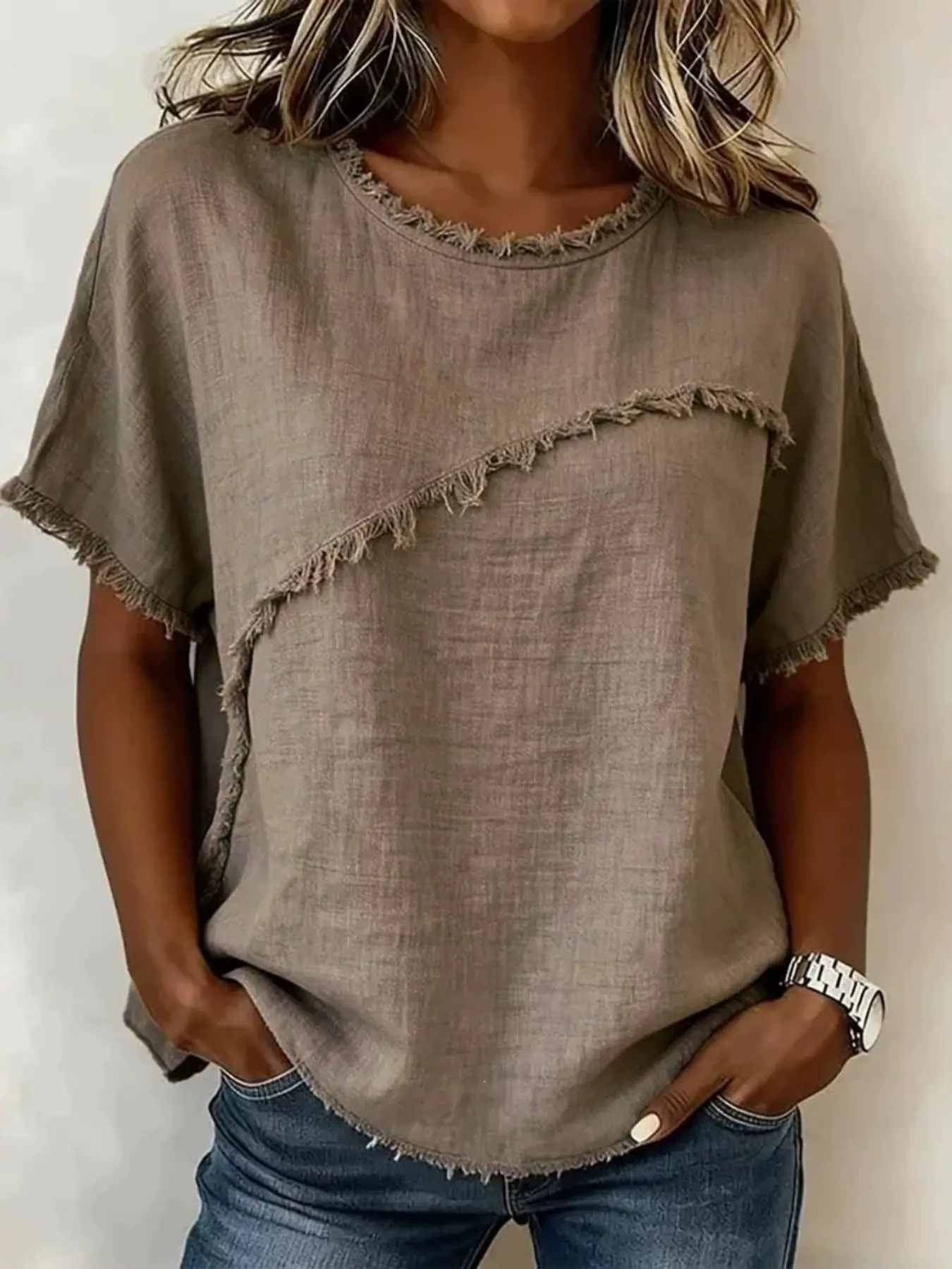 Women's Round-Neck Ruffled-Trim Loose Short-Sleeve Top, Comfortable and Stylish Summer Wear, Perfect for Daily Wear, Casual Basic T-Shirt