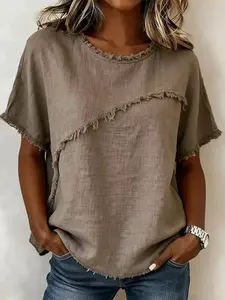 Women's Round Neck Casual Ruffled Trim Loose Short Sleeve Top Basic T-Shirt, Comfortable and Stylish Summer Wear, Perfect for Daily