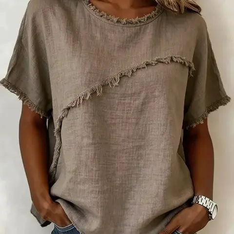 Women's Round-Neck Ruffled-Trim Loose Short-Sleeve Top, Comfortable and Stylish Summer Wear, Perfect for Wear, Casual Basic T-Shirt Fit