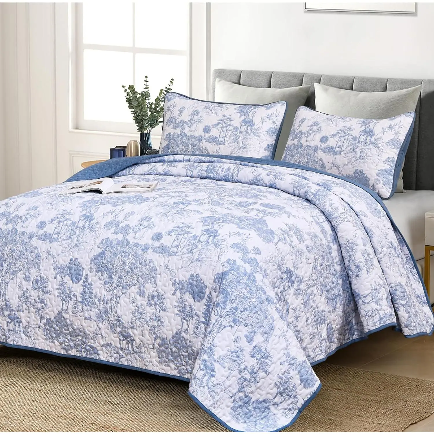 Blue Set Queen Size, 3 Pieces Botanical Bedspreads Set Lightweight Microfiber Blue Toile Plants Pattern Coverlet Home Decor for All(96"*90")