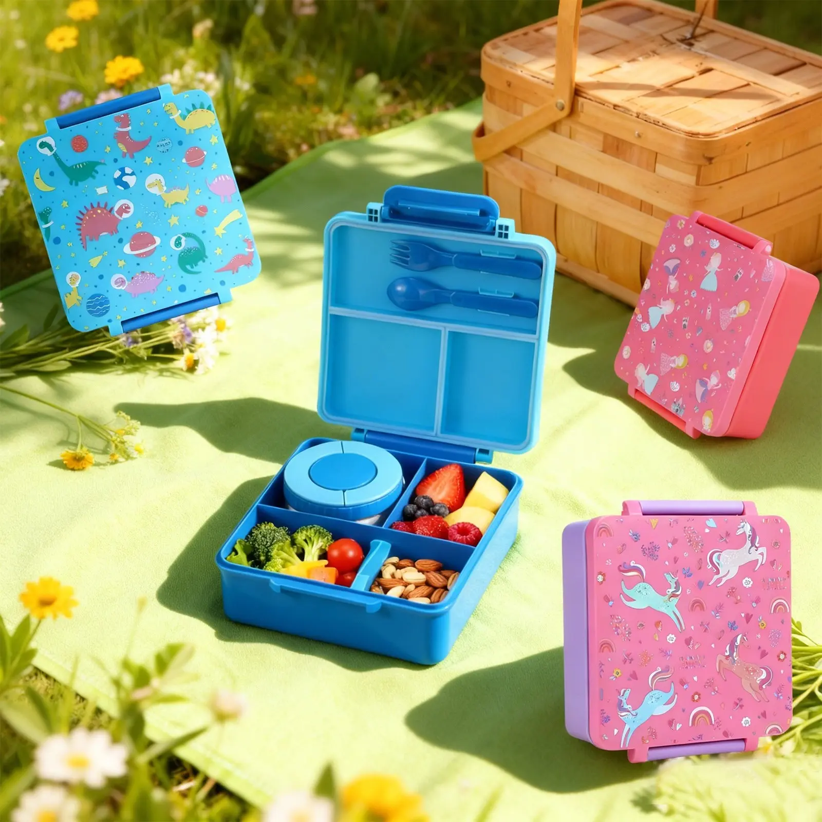 Cartoon Pattern Bento Box with Stainless Steel Soup Container, Microwave Safe, Portable Square Food Storage for Lunches and Travel
