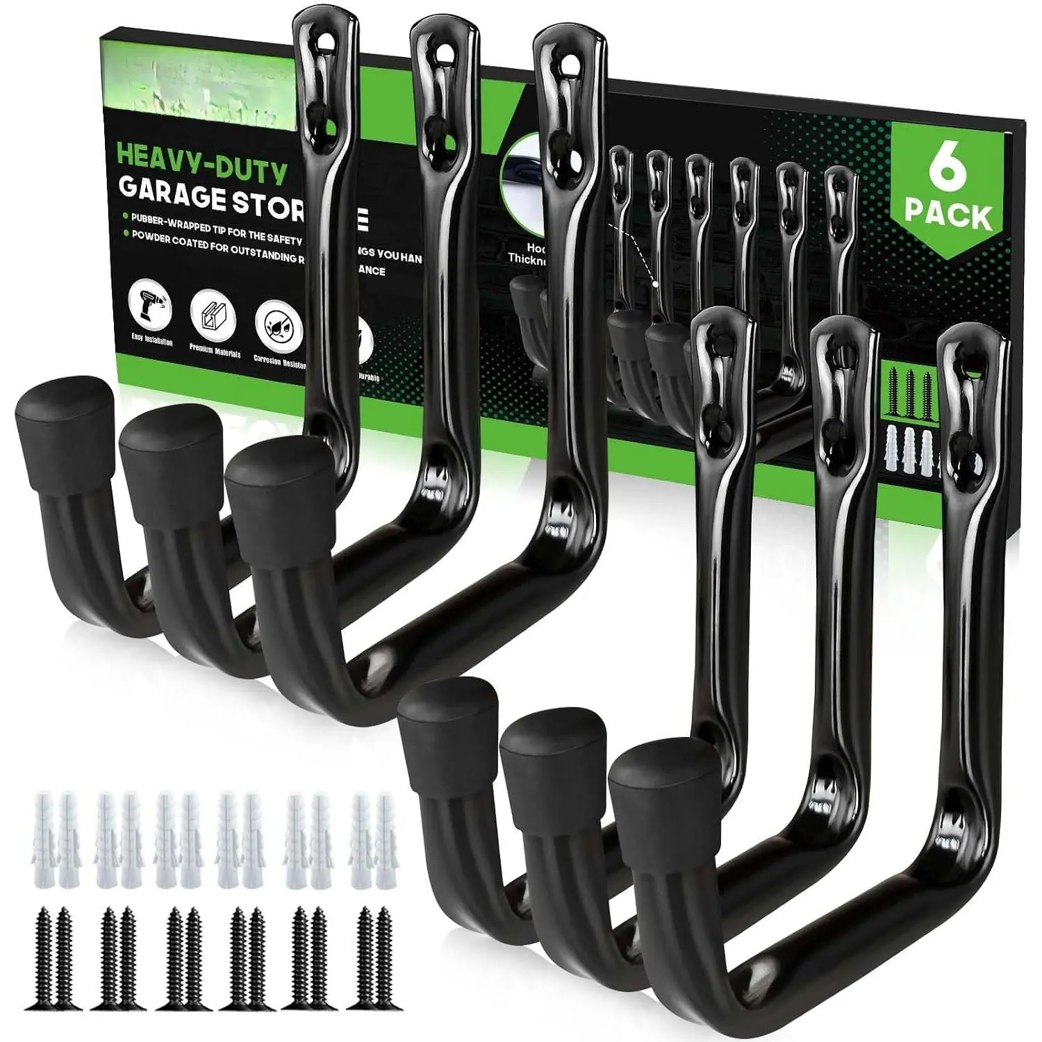 J Utility Hooks for  Heavy Duty Garage Storage Utility Hooks for Garage Wall, Color Black, 6 Pack