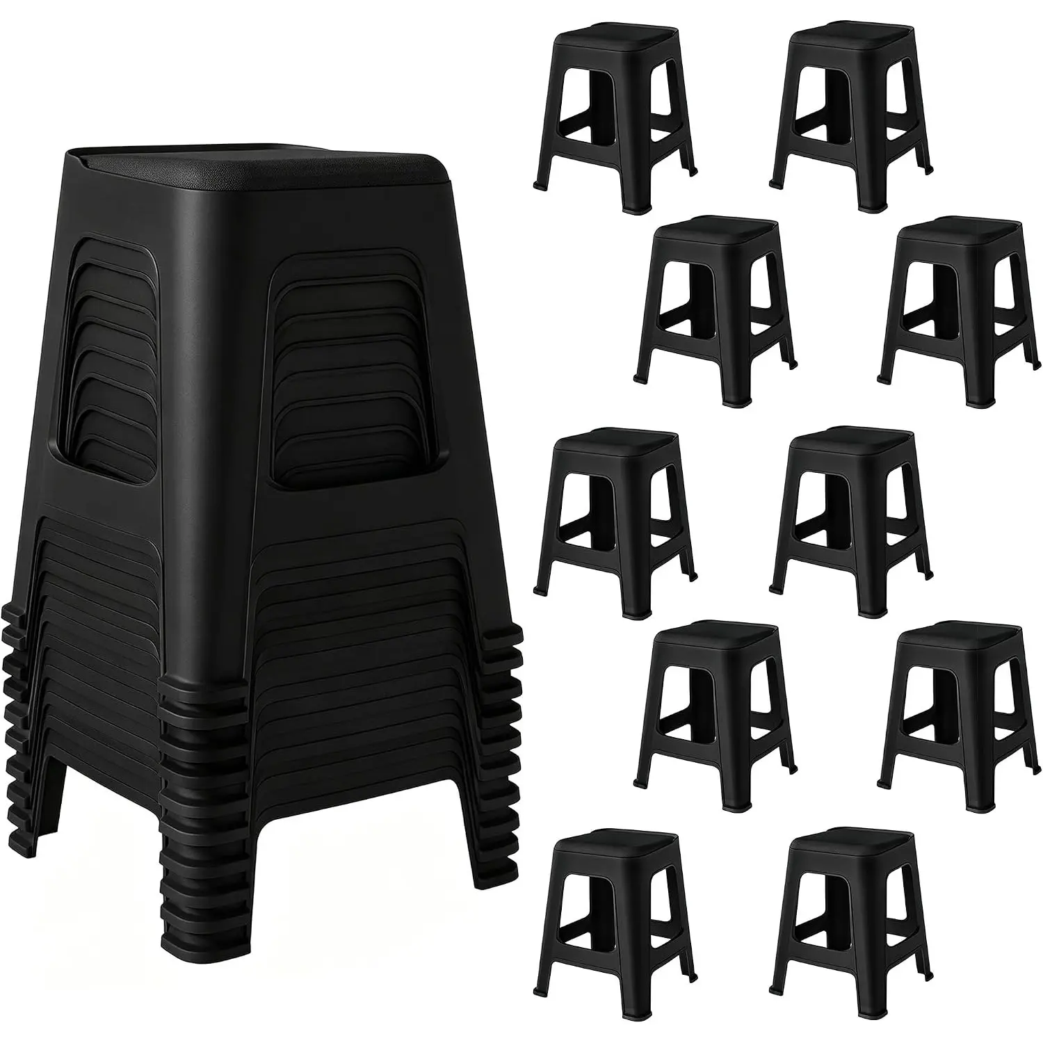 Stackable Classroom Stools, 10 Pack, 18.8" Height, Black | Nesting Plastic Stacking Stool, Portable Backless Chairs, Flexible Seating, For Classroom, School, Office, Home