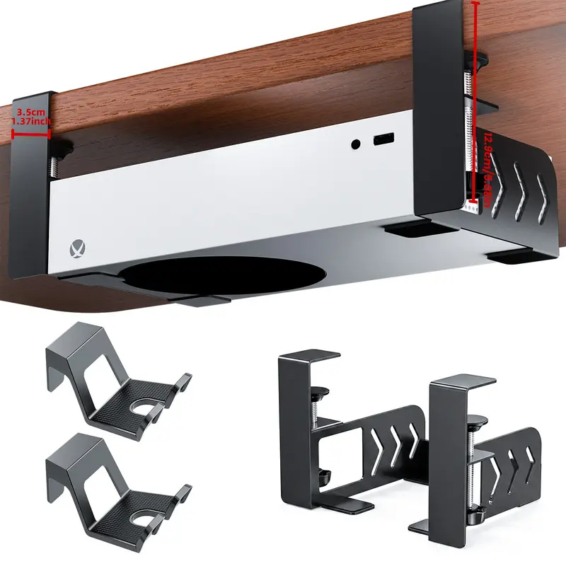 No-Drill Console Stand, Under Desk Hanging Rack, Anti-Slip Anti-Caustic, Space Saving, Heat Ventilation, Fits Xbox/console Display Stand, No Drilling Holders