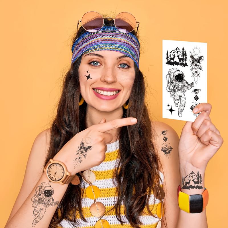 10 Pieces Black Space Temporary Tattoo, Geometric Planet Fake Tattoo Sleeves, Suitable for Women Men Adult, 3D Star Moon Sun Solar System Tattoo Sticker Universe Astronaut Galaxy Arm Art Design-Easy to Apply and Remove, Durable and Durable.
