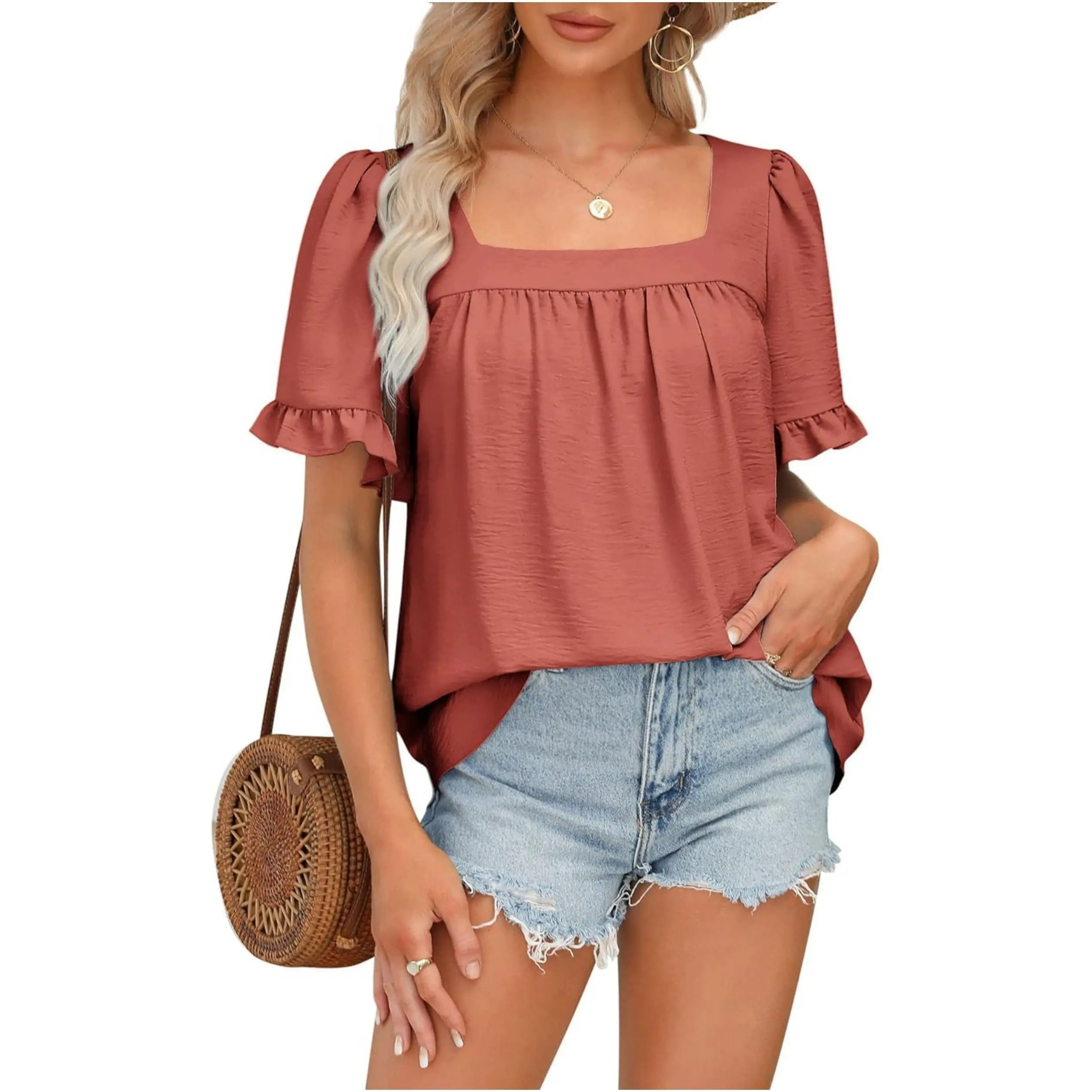 Fashare Womens Summer Tops Sqaure Neck Ruffle Sleeve Blouses Babydoll Shirts