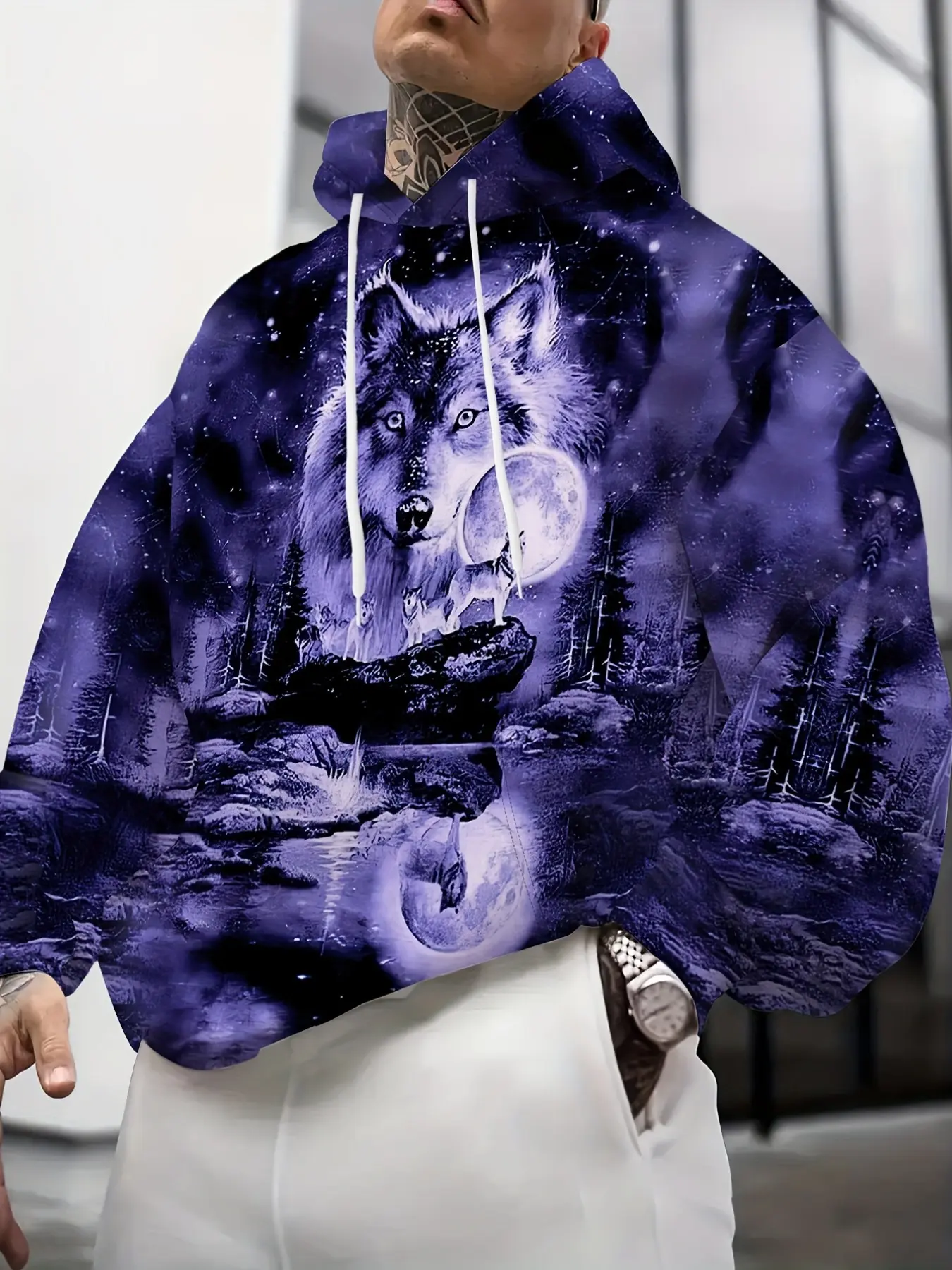 Starry Moon Night Forest Wolf Pack Full Print Hoodie, Bold Beast Landscape Drawstring Loose Fit Streetwear Sweatshirt