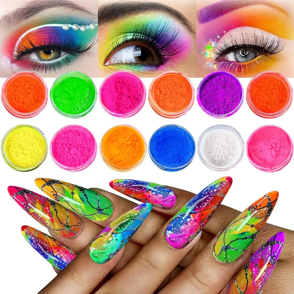 Pigment Powder for Nails, 12 Colors Fluorescent Rainbow Resin Pigment Powder for Acrylic Gradient Smoke Nails, High-Gloss Paint Pigments Powder Dust for Halloween Manicure Eyeshadow Liner Makeup