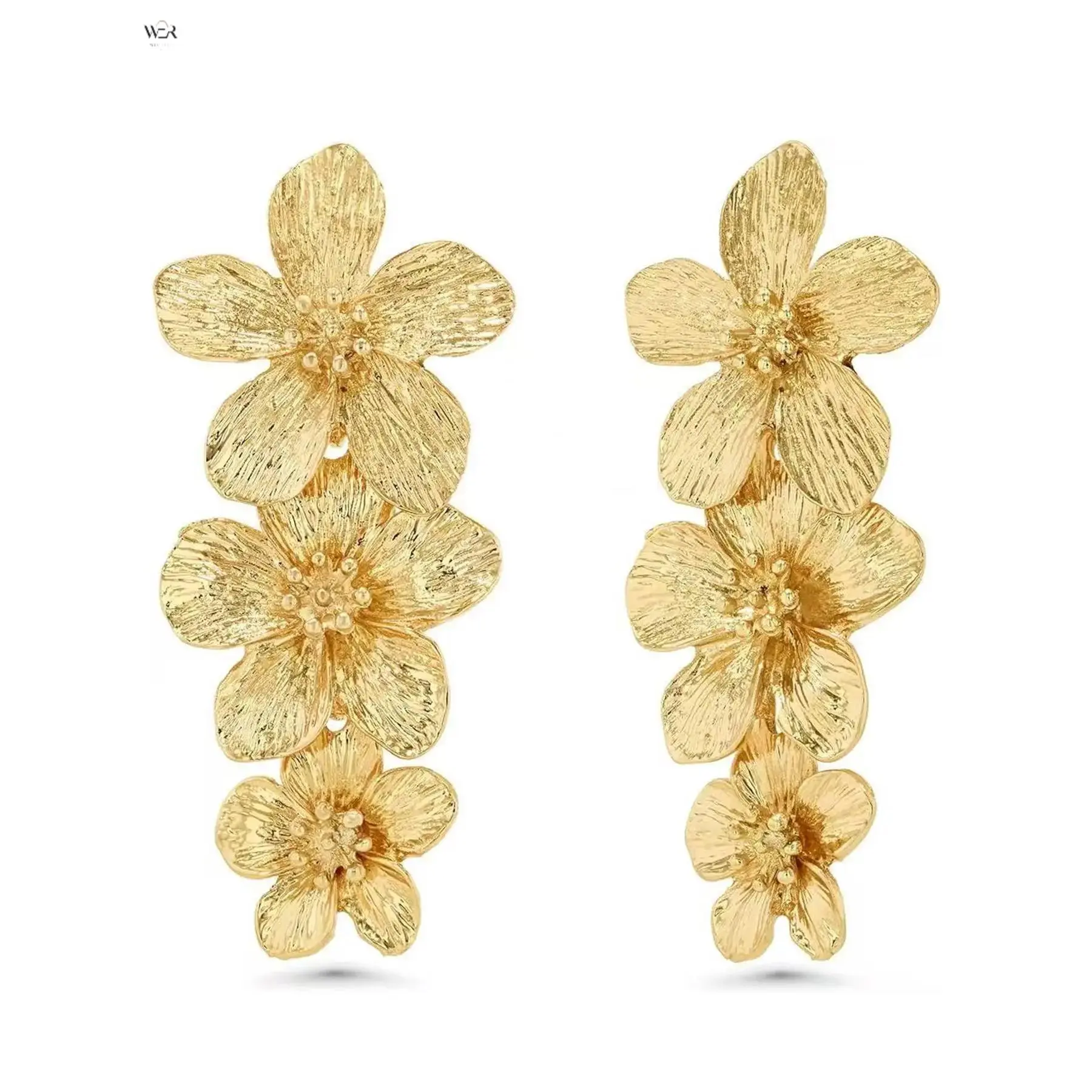 Women's Alloy Gold Flower Stacked Bloom Statement Earrings - 10g, 2cm, 4.8cm Length, Lightweight, Feminine, Bold, Elegant, Sparkling, Stylish, Trendy, Casual Daily Wear, Special Occasion Perfect Gift, Versatile Fashion Jewelry Accessory