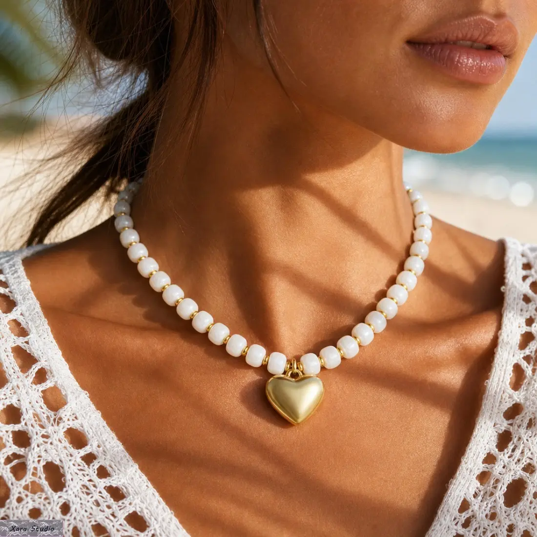 White Beaded Necklace for Women, Gold Heart Pendant Collarbone Chain, Minimalist Layered Jewelry with Round Beads, Dainty Everyday Necklace for Summer, Vacation, Beach, Date Night & Casual Outfits
