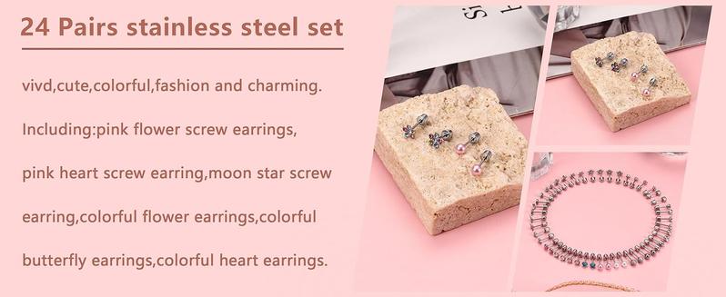 MILACOLATO 24Pairs Screw Back Earrings Stud for Girls Women Surgical Steel Hypoallergenic Cartilage Stud Earrings Tiny CZ Screwback Flat Back Stud Earrings Set Piercing Jewelry Multicolored 20G