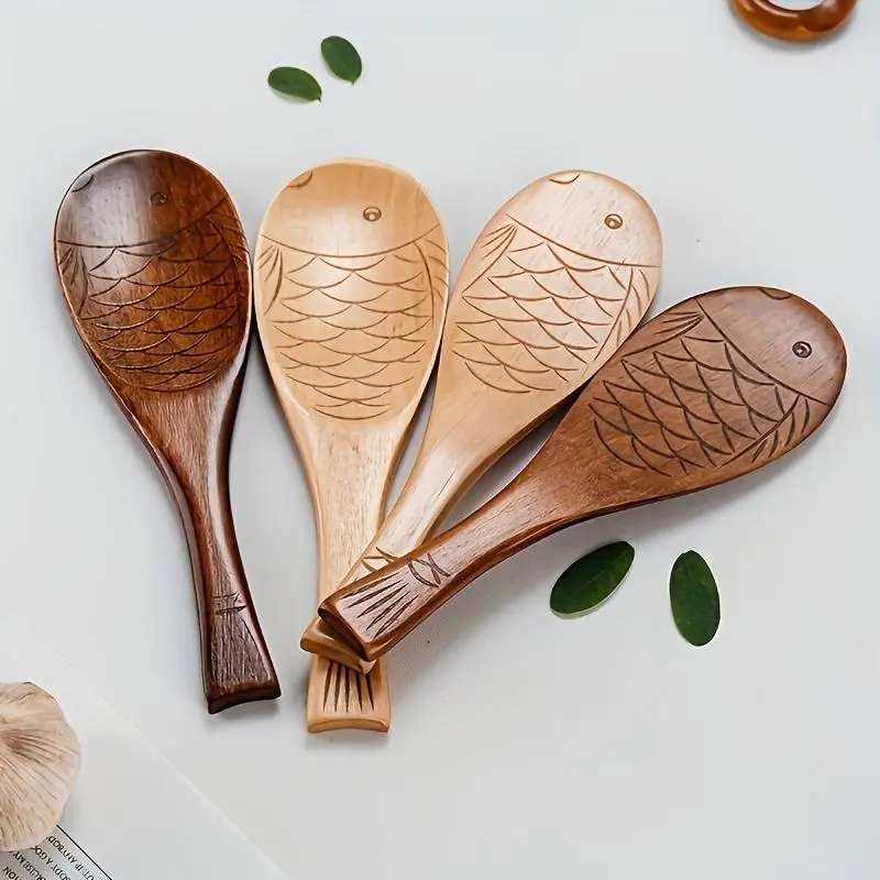 1pc - Creative Handmade Carved Spoon Rice Utensil Japanese Rice Shovel Locust Fish-Shaped Spoon Tail with Hanging Rope Hole