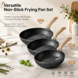 3-Piece Granite Non-Stick Frying Pan Set - 7.4"/9.7"/11.3" Sizes with Wooden Handle, Induction Compatible, Healthy & Durable Cookware for All Stovetops