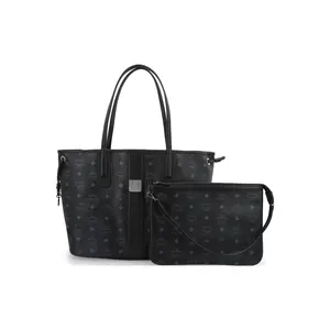 MCM Monogram Large Coated Canvas and Leather Tote Bag Set for Women, Medium Size, Black