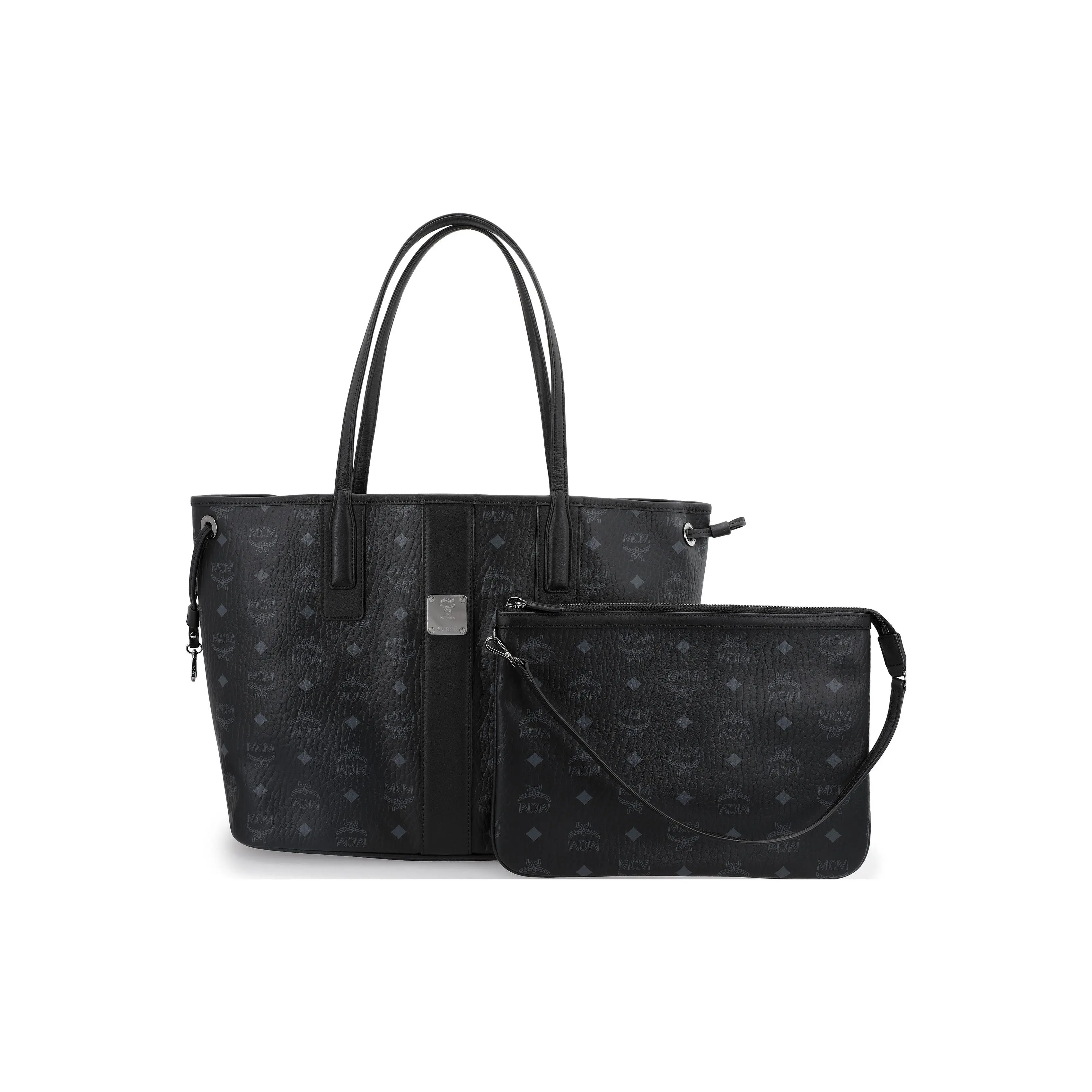 MCM Monogram Large Coated Canvas and Leather Tote Bag Set for Women, Medium Size, Black