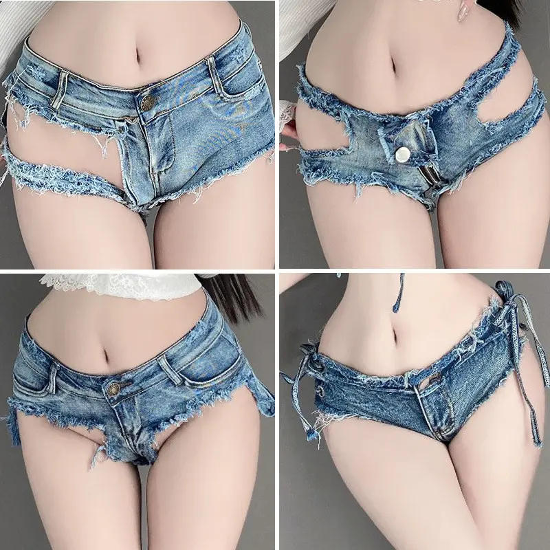 Women's heart-pounding sexy ripped jeans, low-waist zipper crotch shorts, hot pants underwear