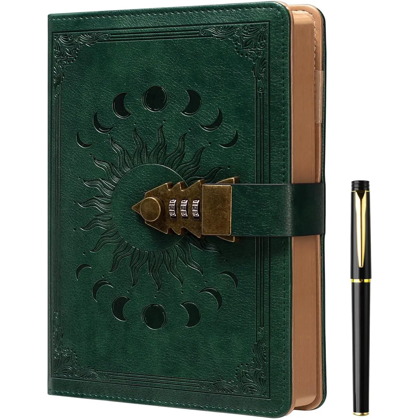 Lock Journal with Pen, A5 240 Pages Diary with Lock, Brown , Refillable, Leather Hardcover (8.5 × 5.9inch) Dark Green