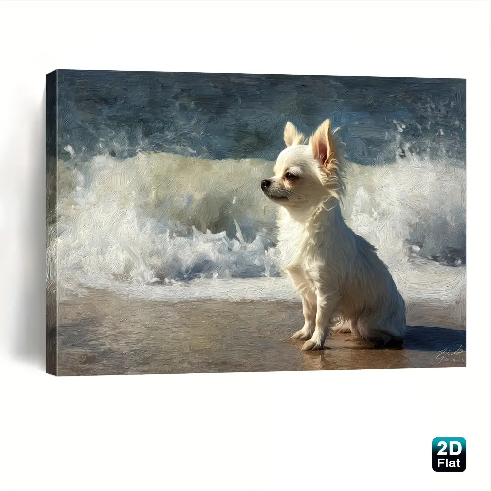 2D canvas wall art, 1 piece. A little white Chihuahua sitting on the beach watching the waves. Comes with a frame for direct hanging, suitable for rooms, offices, homes, bathrooms, schools, apartments. A perfect holiday gift. 2D canvas wall art