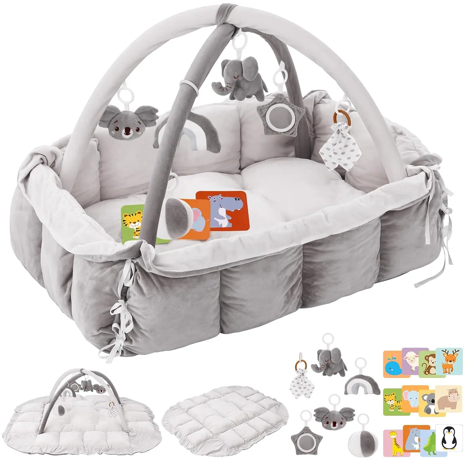 5-in-1 Plush  Play Gym,  Play Mats, Convertible  Gym, Tummy time mat, 6 Sensory Toys, Activity Center, Ball Pit, Grey jumpers Gym Play Mat cotton baby playmats