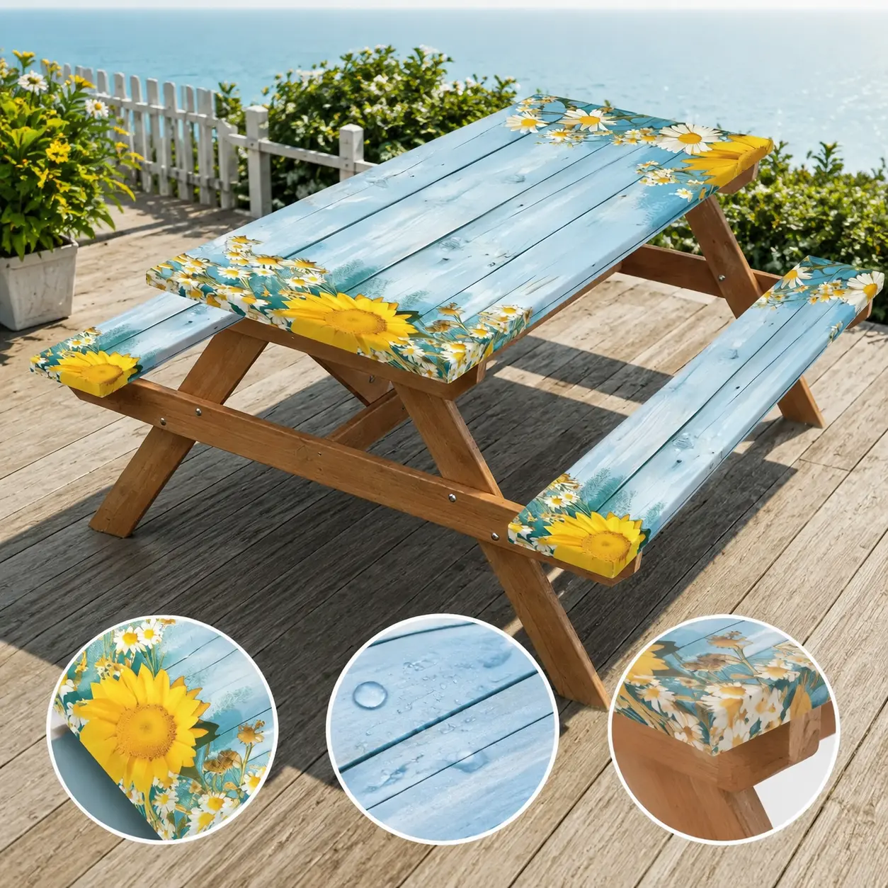 Sunflower Wooden Board Picnic Table Bench Cover Set 72"x30",Elastic Stretch Waterproof Table Cloth Protector Covers Scratched Damaged Wooden Picnic Furniture For Outdoor Backyard BBQ Camping, Stain Resistant Easy Clean Farmhouse Seasonal Table Cove