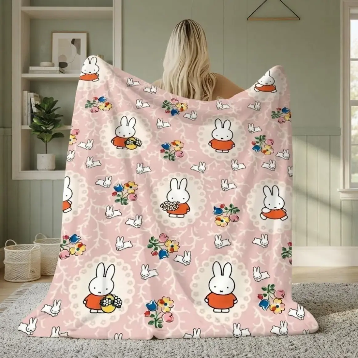 M Miffy Bunny Print Flannel Weave Throw Blanket Baby And Adult Blankets Soft Fluffy Lightweight Skin Friendly All Season Sofa Bed Cover Cozy Household Bedding Ideal Birthday Christmas Thanksgiving Holiday Gift For Family Adult And Children Cozy Home Decor
