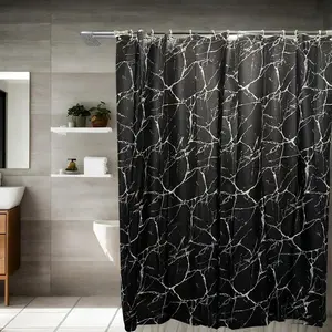 Lightweight marble-pattern plastic shower curtain; waterproof design; available in multiple sizes; creates a luxurious bathroom style; includes 12 or 24 hooks.