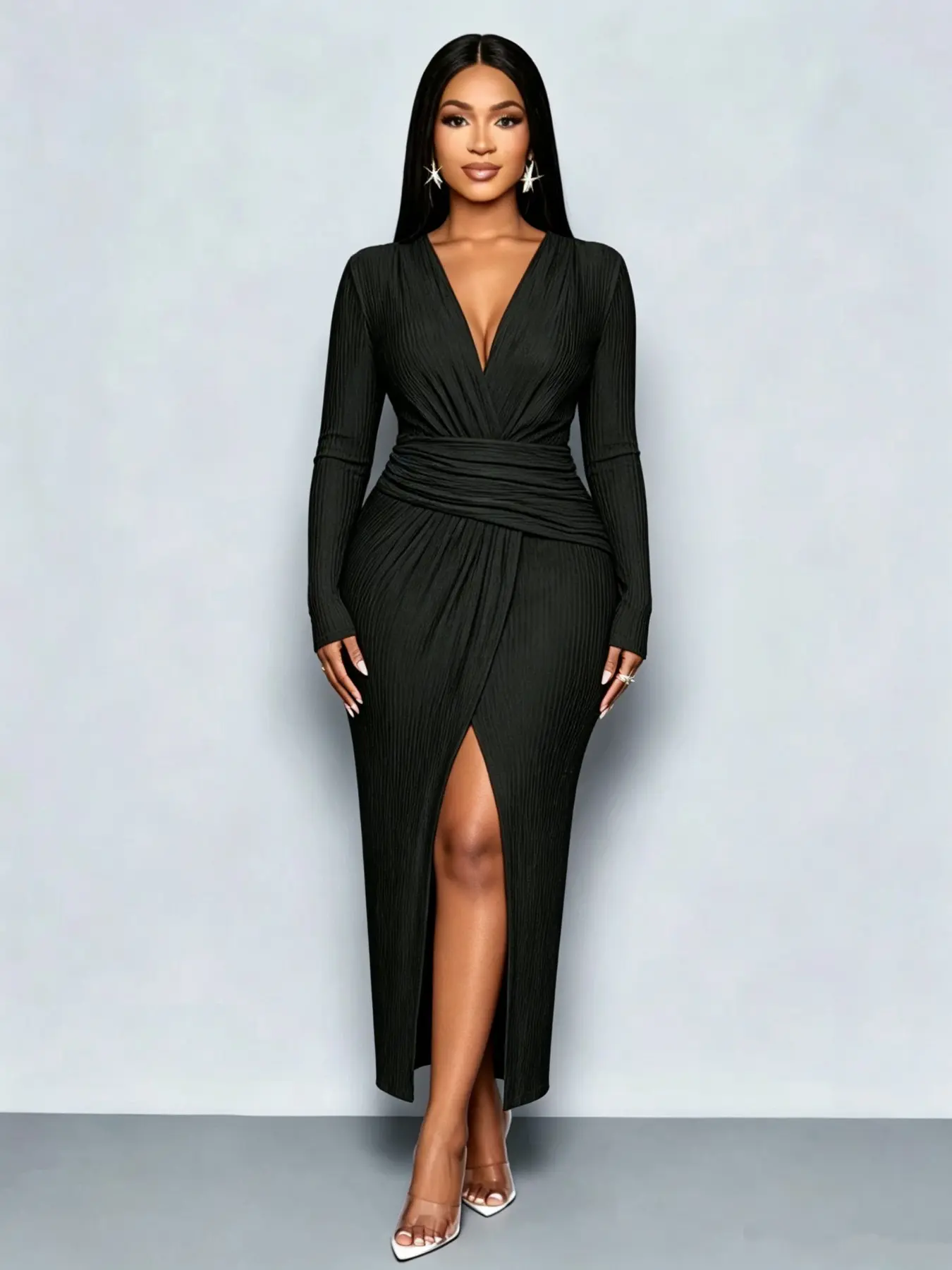 Elegant Fall Winter New Arrival Mal Formal Evening Club Dress, V Neck Asymmetric Cross Skirt, Long Sleeve Slit Textured Fabric, Wedding Ball Gown 8022