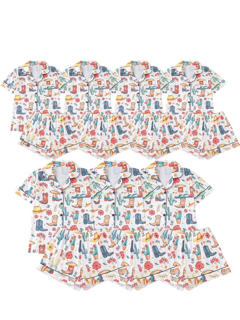 Women's All Over Cowboy Print Lapel Neck Button Front Pajama, Casual Comfy Short Sleeve Pocket Top & Elastic Waist Shorts PJ Set, Ladies Sleepwear Loungewear for All Seasons