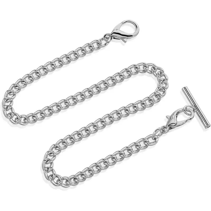 Silver Pocket Watch Chain with T-Bar, 14 Inch Pocket Watch Chains for Men, Silver Vest Chain for Men