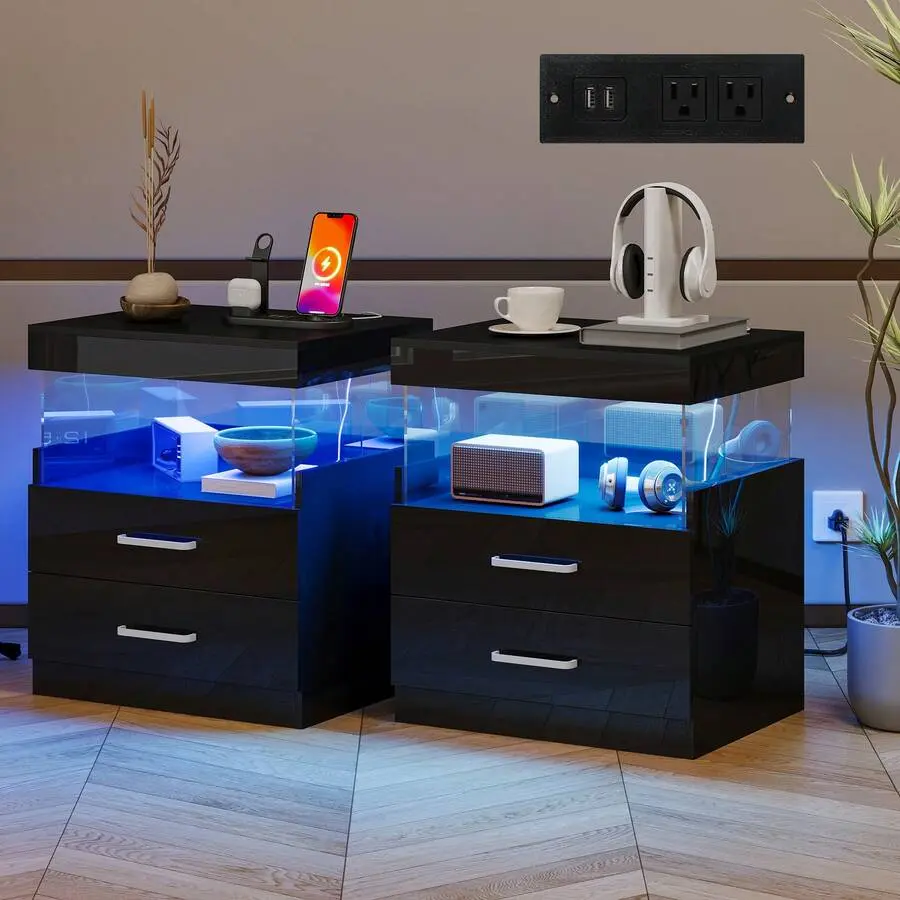 Glossy Black LED End Table Nightstand - Modern Acrylic Floating Side Table with Charging Station, Power Outlet, Storage Drawers, Hidden Compartment, Adjustable Mobile Design, 1 or 2 Pcs for Living Room Bedroom, Modern Home Decor
