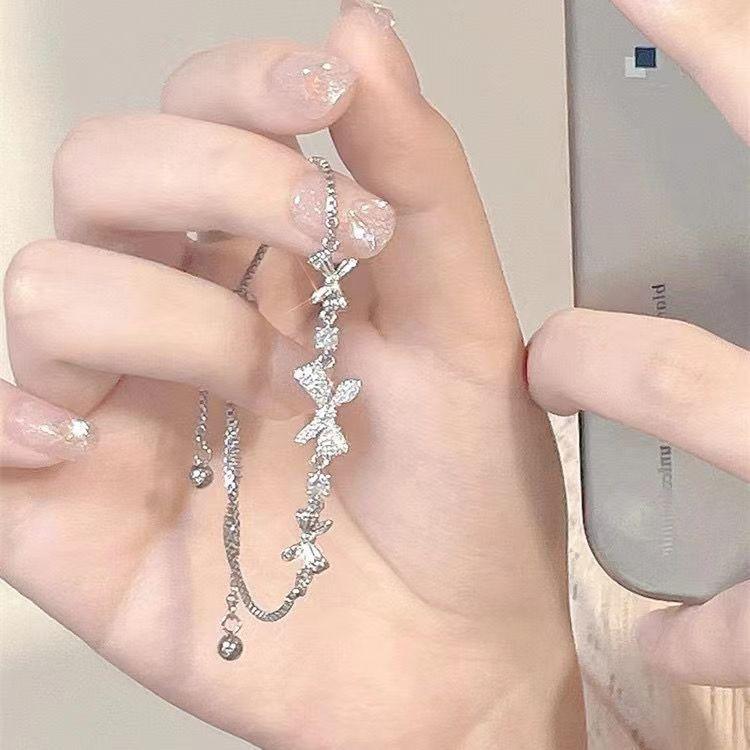 Zircon bow sparkling sweet women's silver crystal aesthetic bracelet - silver