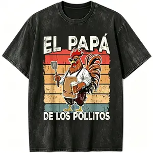 Cotton El Papa de lo pollitos Funny Spanish 2026 Dia del Padre T-Shirt, Humorous Father’s Day Gift, Latino Dad Graphic Tee, Casual 100% Cotton Men’s Shirt