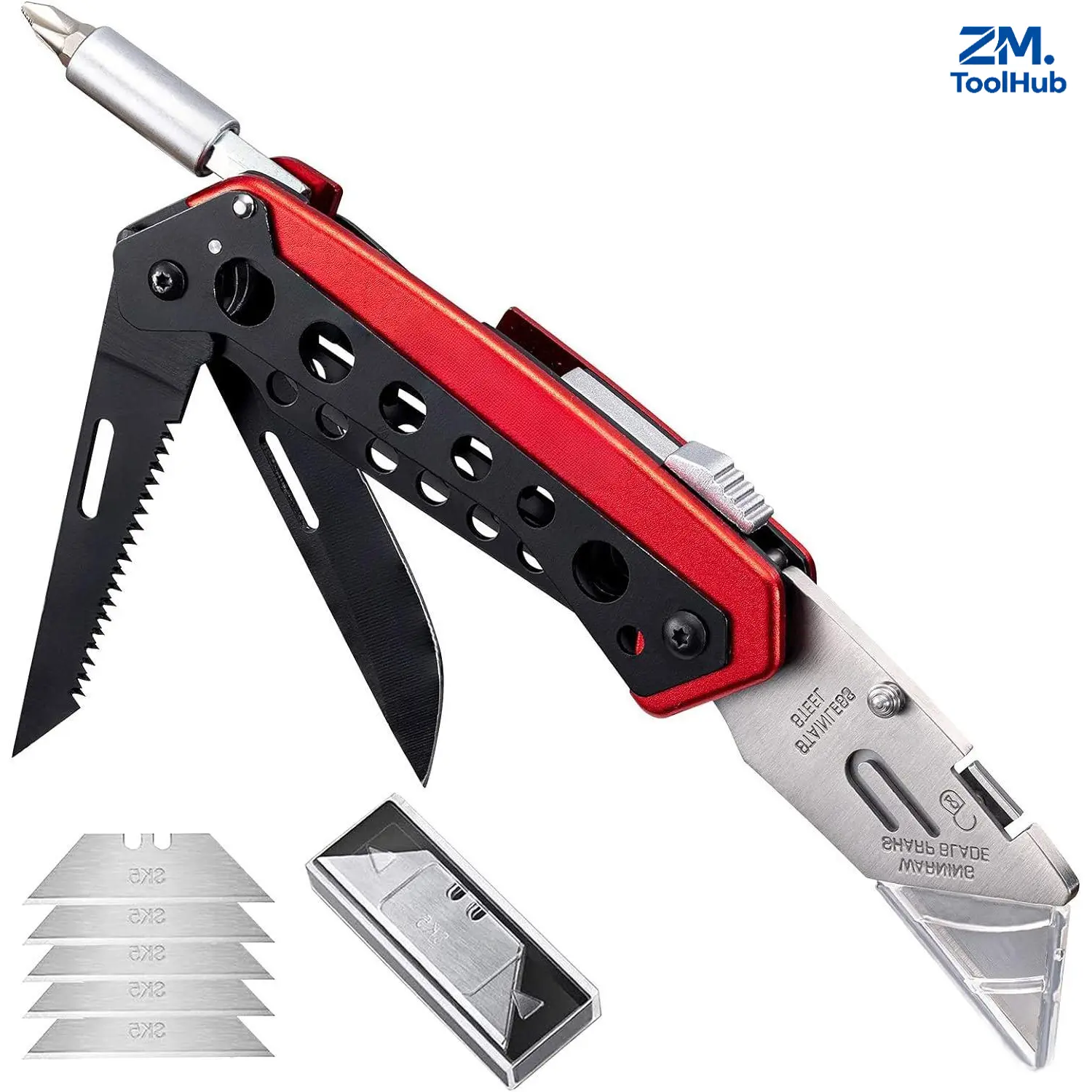 5 Razor Blades Included, Multi Tool EDC Gear, Folding Utility Knife Box Cutter with 5 Razor Blades, Pocket Utility Knives, Screwdriver, Saw, Lock Design, Clip and Holder for Belt, EDC Heavy Duty Work Knifes, Fathers Day Dad Gifts for Papa