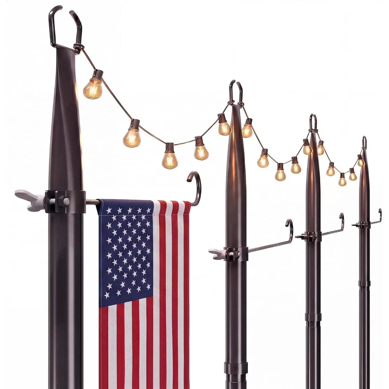 4-Pack Heavy Duty 10Ft Metal Outdoor String Light Poles - Thick, 180-Day Rust Tested, Rustproof, No Wobble, with Fence Brackets, Adjustable Length, Max 9Ft Tall, for Patio, Wedding Decor