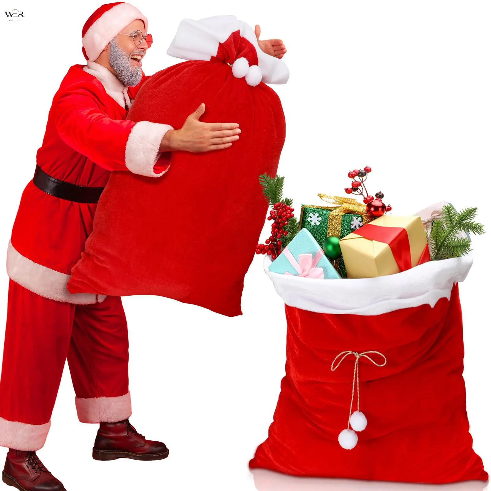 Large Velvet Santa Sack Christmas Gift Bag with Drawstring Pom‑pom, 2 Sizes 70x50cm /100x70cm, Xmas Holiday Present Storage Bag for Gift Packing Party Decoration