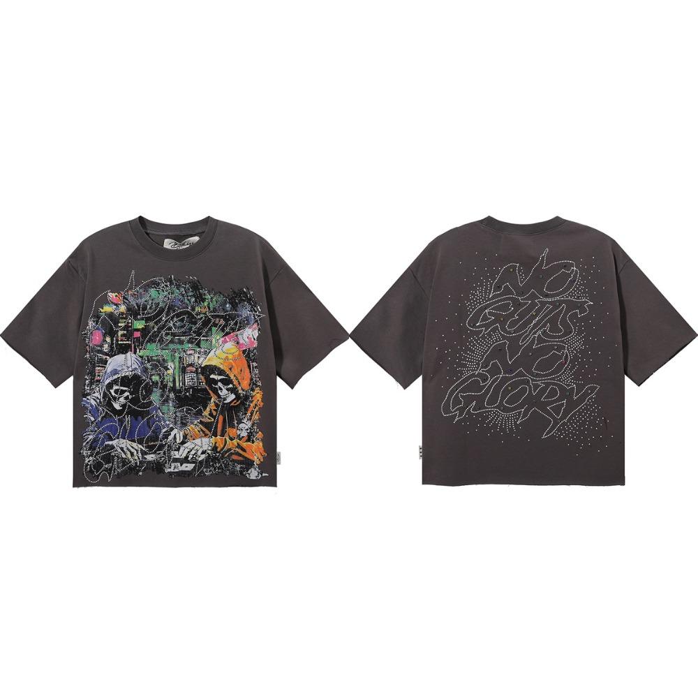 Retro Y2K BKYS Hip Hop Streetwear T-Shirt, Vintage Washed Heavyweight Bling Rhinestone Glitter Print, Loose Casual Unisex Cotton Short Sleeve Tee