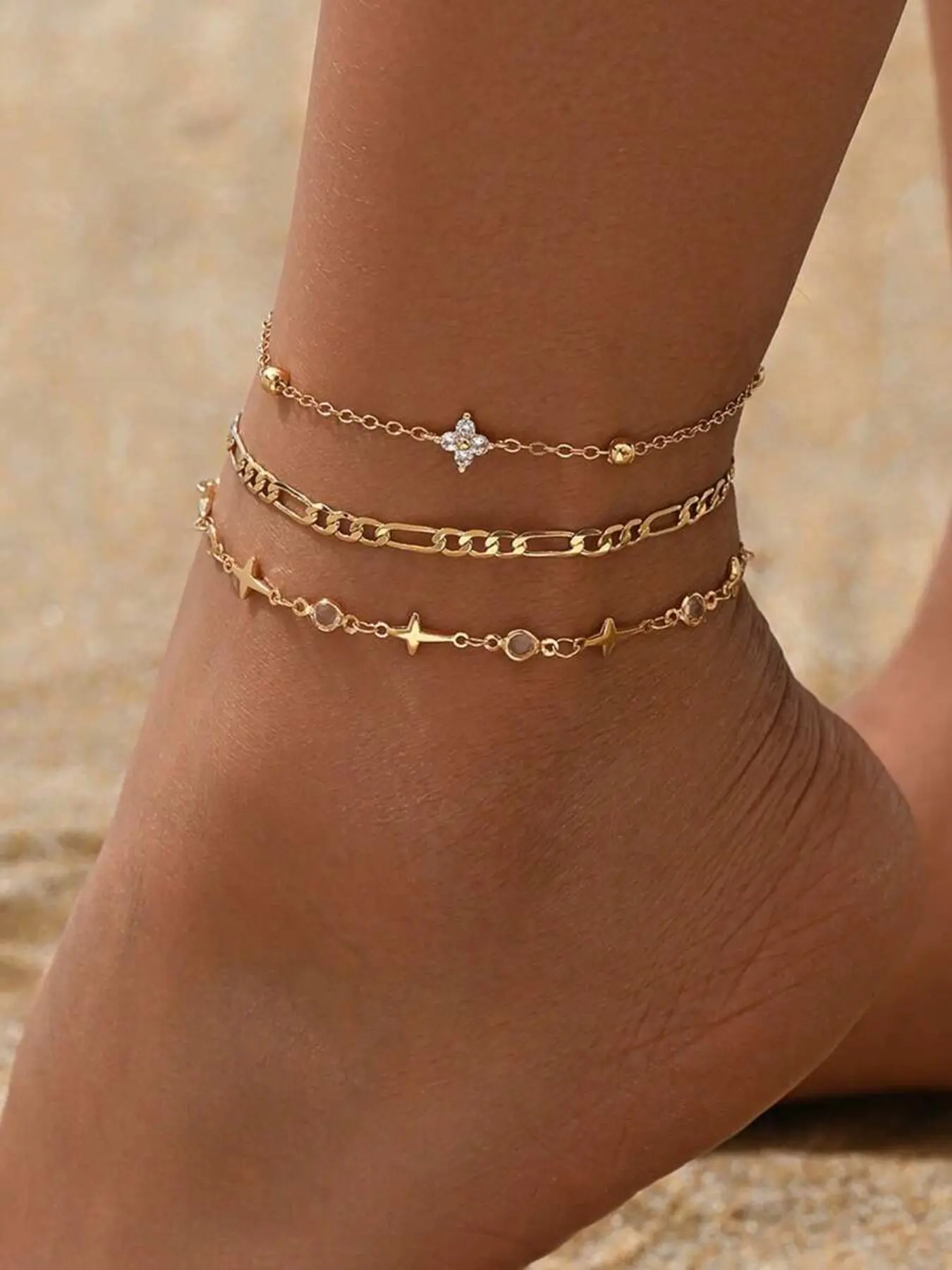 3pcs Set Fashionable Cross Handmade Chain, Transparent Eye-Shaped Crystal, Four-Leaf Flower Decor Anklet, Customizable Length