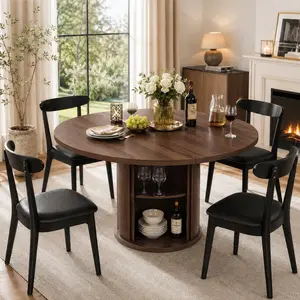 Extendable Round Dining Table for 4-8, 47" Modern Kitchen Oval Dinner Table with Storage Pedestal, Wood Grain Tabletop Pedestal Table with Adjustable Shelf, Space Saving Contemporary Apartment Furniture