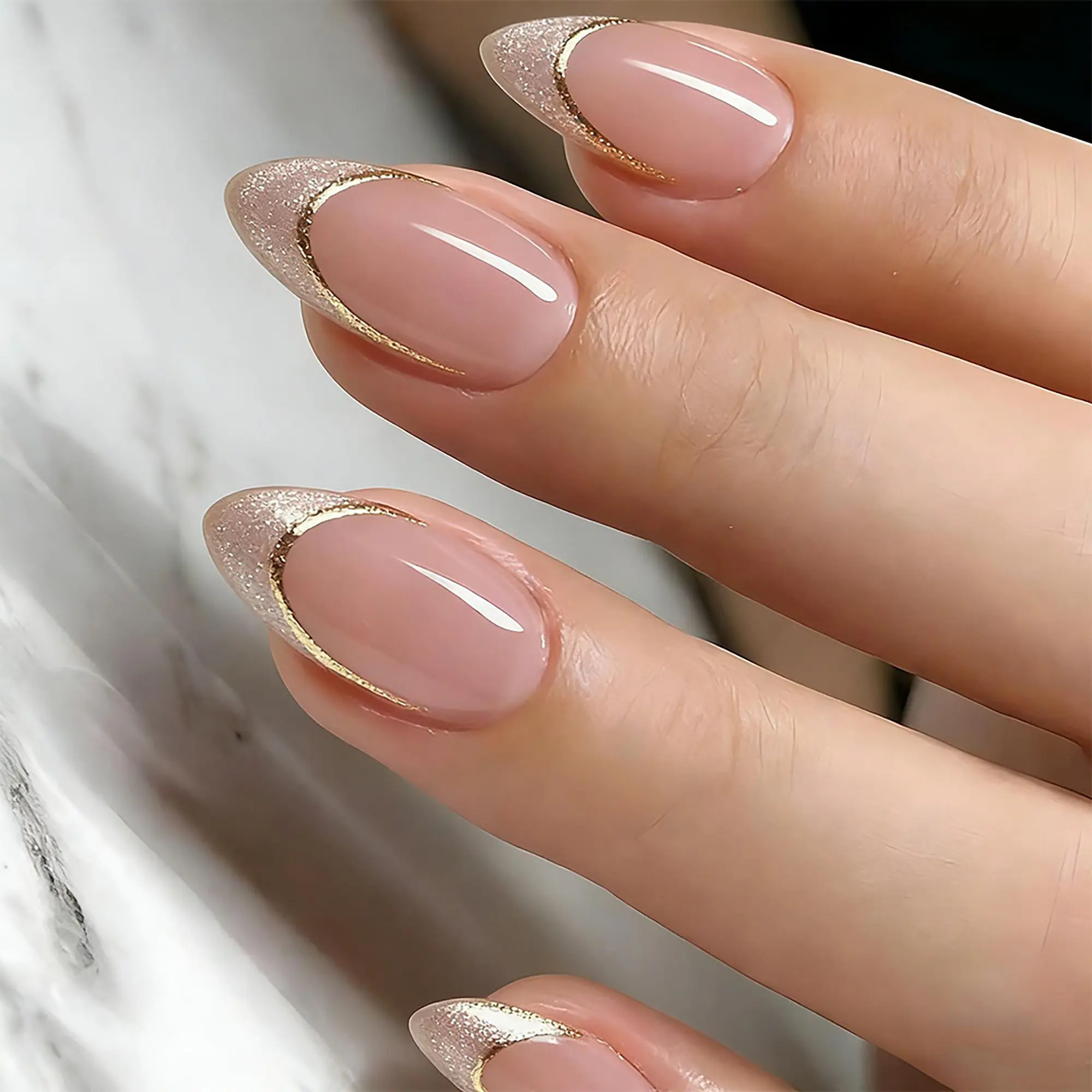 24pcs Almond Shape 3D French False Nails, Reusable Press-On Nails Set with Jelly Glue and Nail File, Elegant Party Nails
