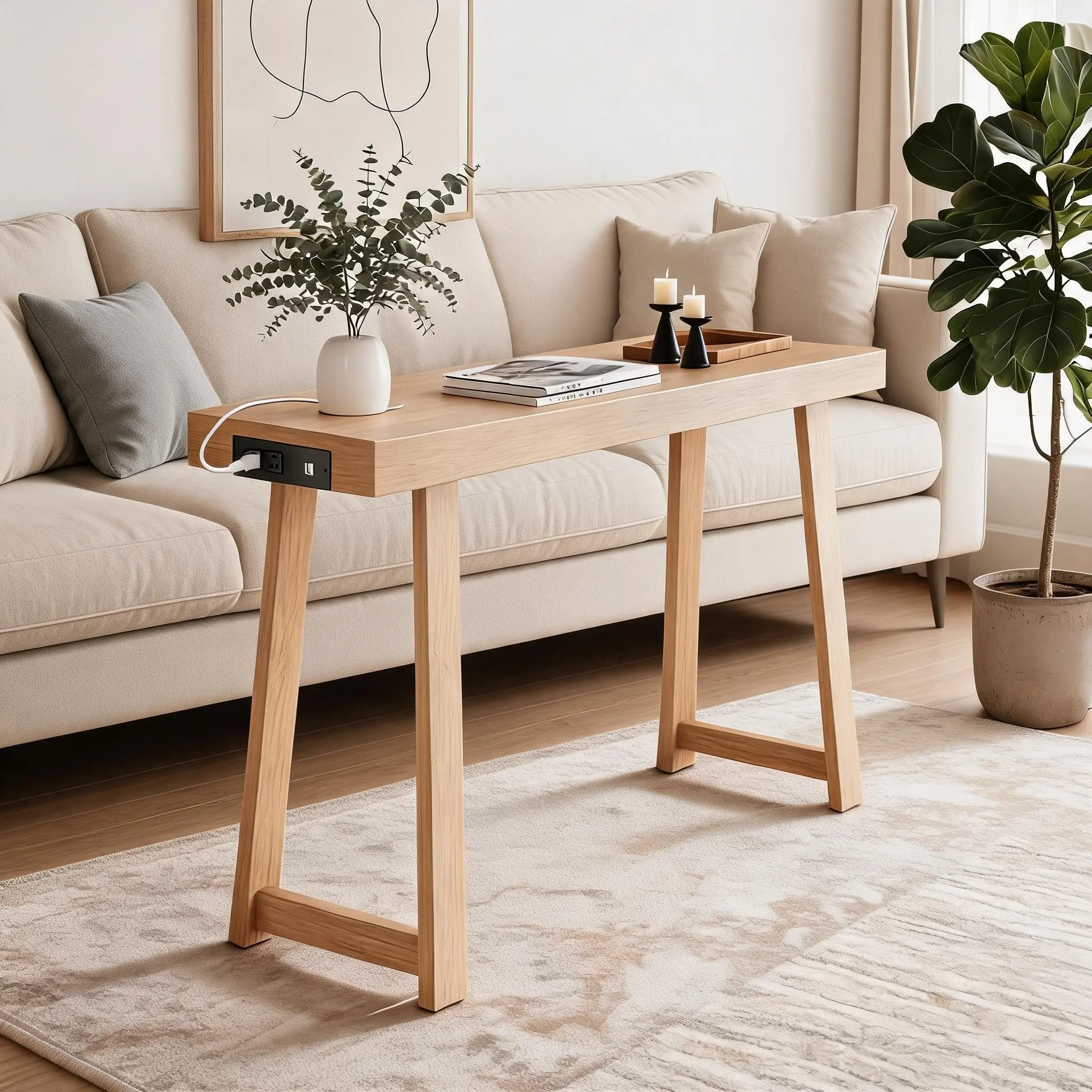 39.4 in Console Table with Charging Station, USB-c Port, Metal Legs, Modern Sofa Table with Thick Desktop for Entryway, Hallway, Living Room and Behind Couch Use