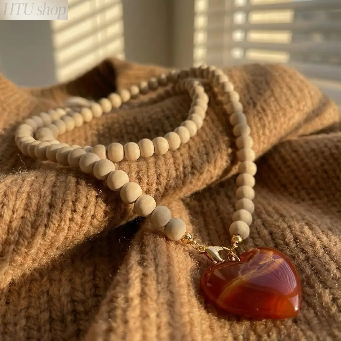 Women's Boho Ethnic Vintage Natural Woods Bead Layered Chains Necklace with Warm Amber Heart Pendant - Casual Daily Costume Jewelry for Birthday Gifts