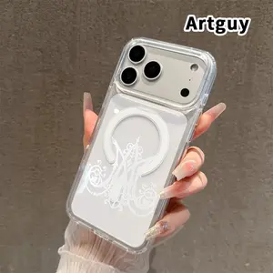 Transparent Case for iPhone 16 Pro Max Plus 15 14 13 12 11 E Heraldic M Initial Emblem Pattern Strong Magnetic Attraction Acrylic Back Soft Edges Full Coverage Back Cover