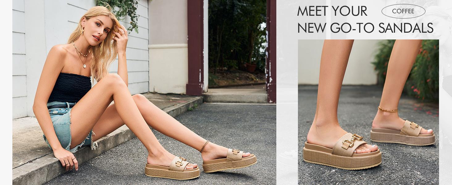 Coutgo Womens Platform Sandals Raffia Espadrilles Metal Chain Slip on Open Toe Cute Beach Slide Sandals