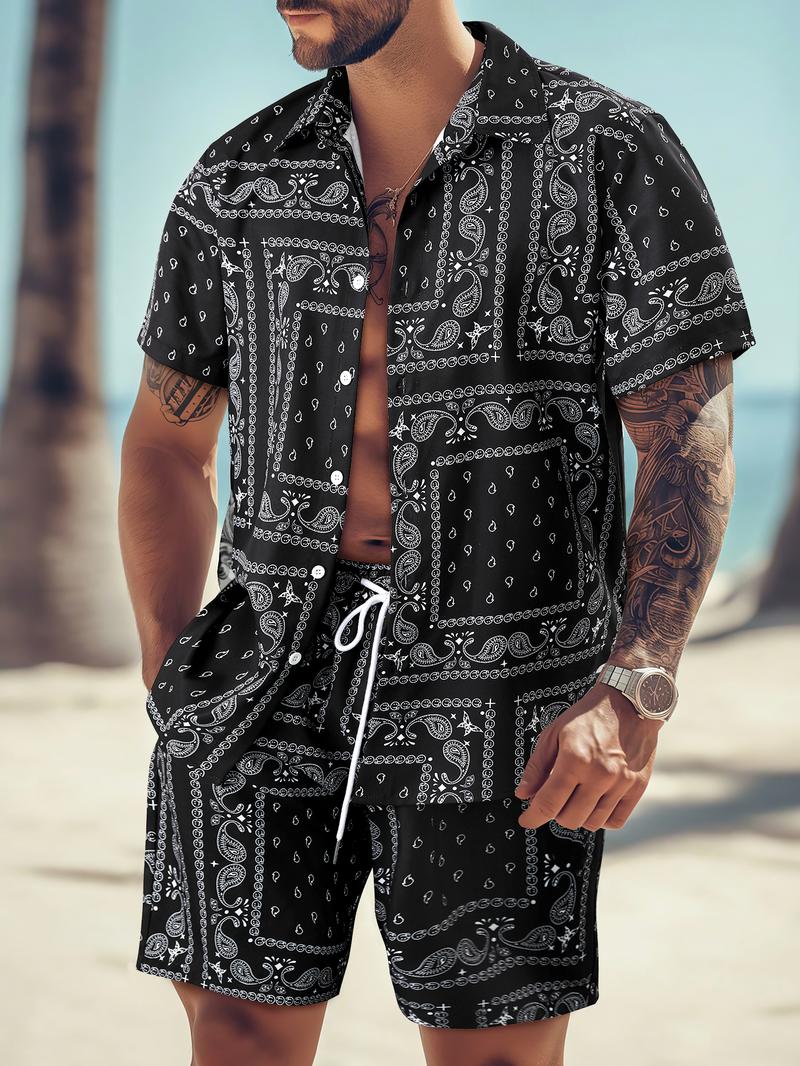 Men's All Over Print Short Sleeve Shirt & Shorts Two-piece Set, Casual Button Collar Top & Drawstring Waist Shorts, Men's Summer Clothes, Casual Outfit Set