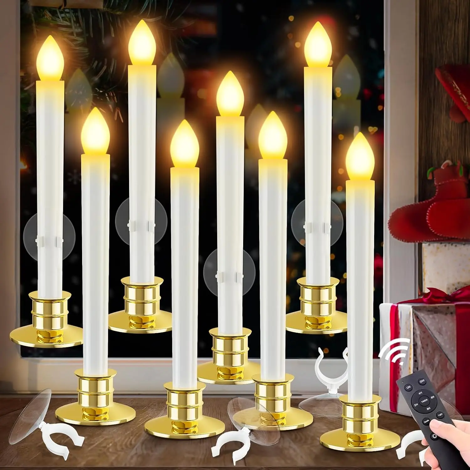8 count Christmas Window Candles with Remote -  Operated Candles | Christmas Decorations Flameless Taper Candles with Timer Electric Flickering Window Lights for  Decor