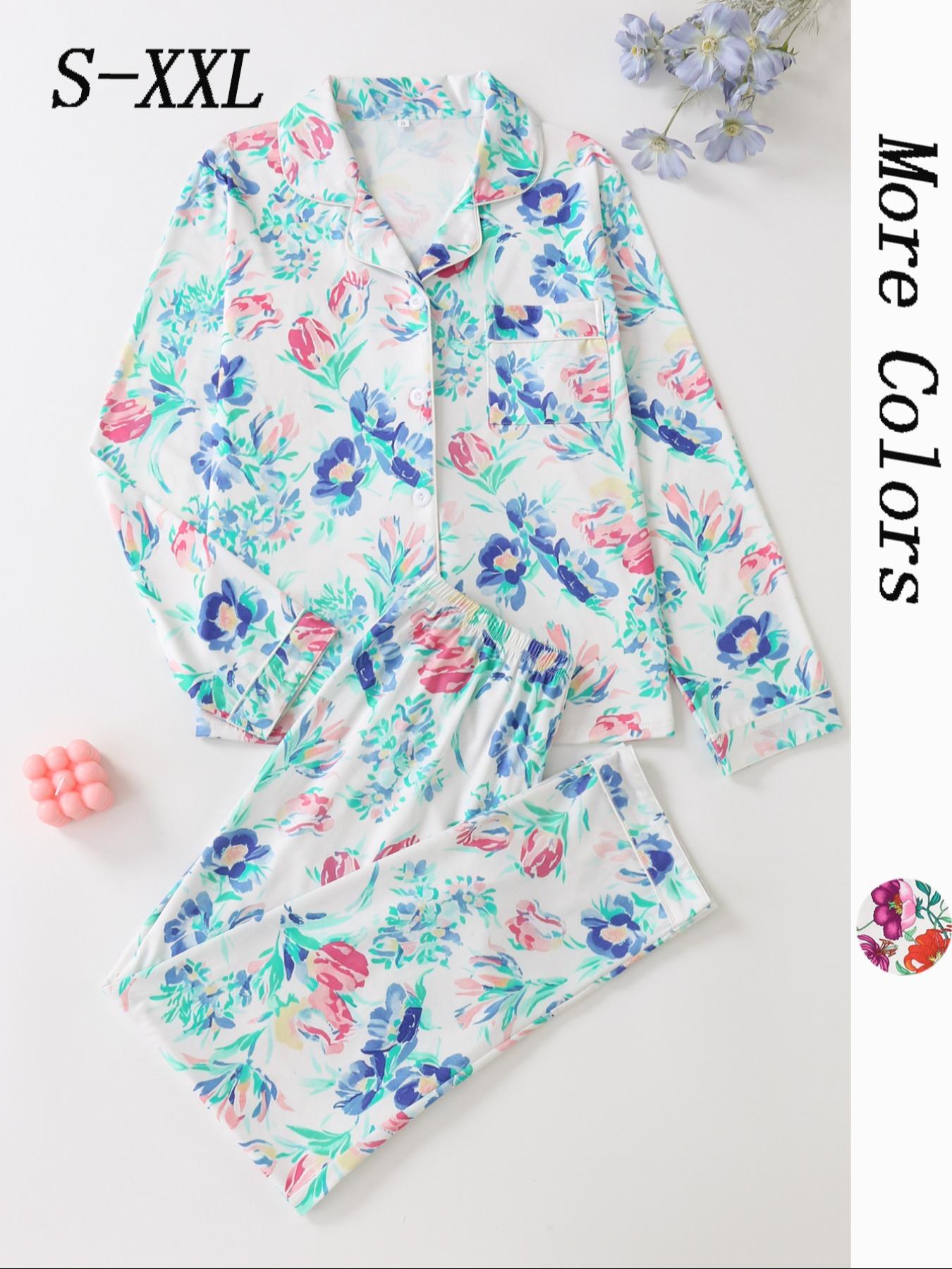Women's All Over Floral Print Button Front Pocket Shirt & Elastic Waist Pants Pyjama Set, Casual Comfy Two-piece Pj Set, Matching Pj Set, Ladies Sleepwear for All Seasons Pajama Set