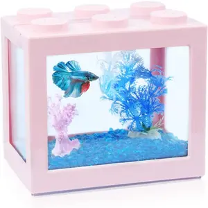 Stackable Mini Betta Fish Tank Aquarium Kit 3/5 Gallon Rectangular Fish Bowl with Gravel Decoration Tiny Cube Tank for Seaweed Balls Sea Monkeys