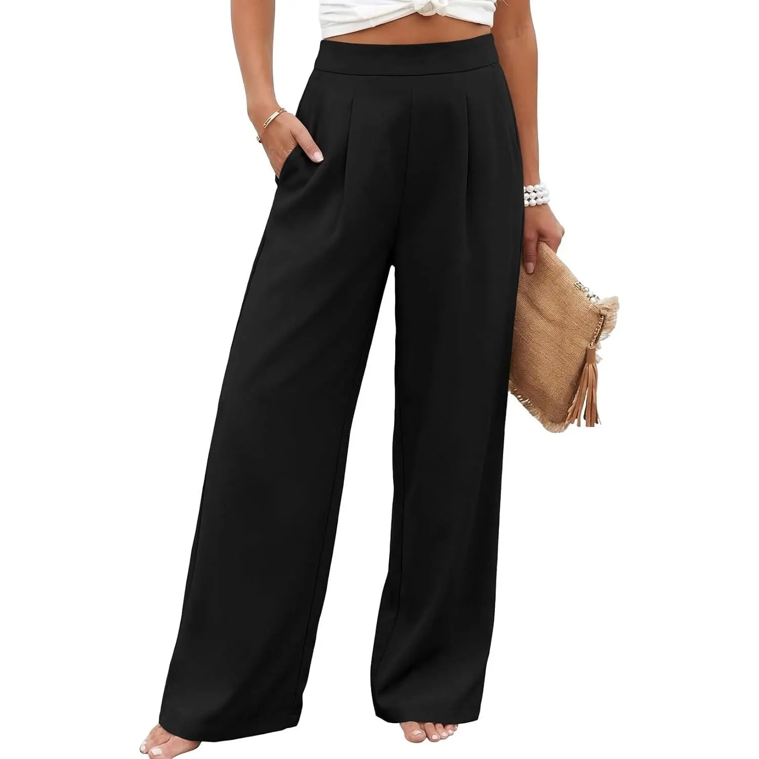 Women's High-Waisted Wide Leg Pleated Dress Pants - Smooth, Elastic, Elegant Basic Trousers for 2026 Business Casual Office, School Wear, Fabric