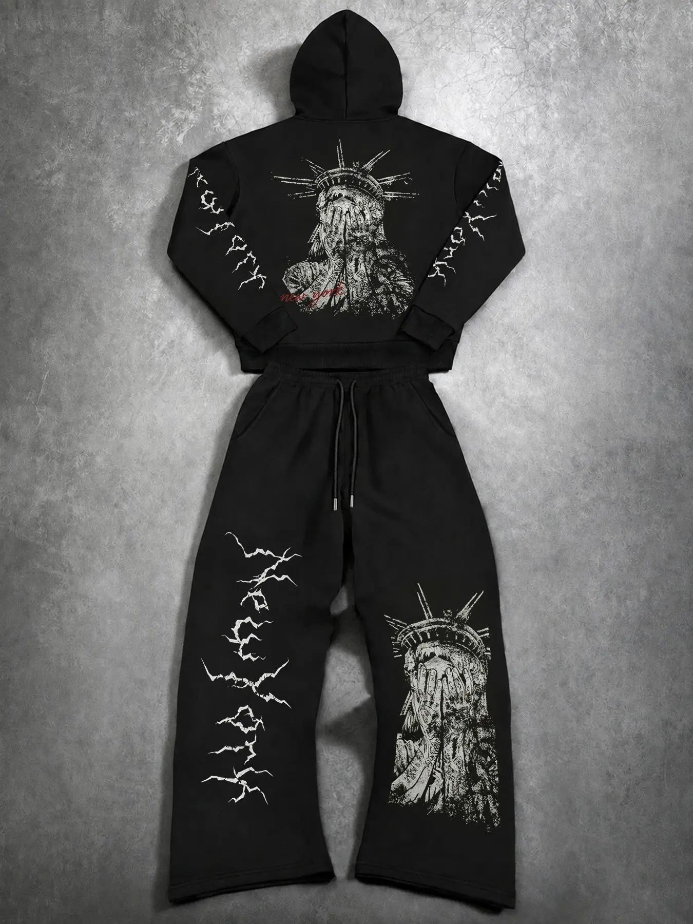 Men's Fall Winter Streetwear Sweatshirt Set, Statue of Liberty Print Hoodie + Loose Fit Pants, Casual for Skateboarding & Daily Wear