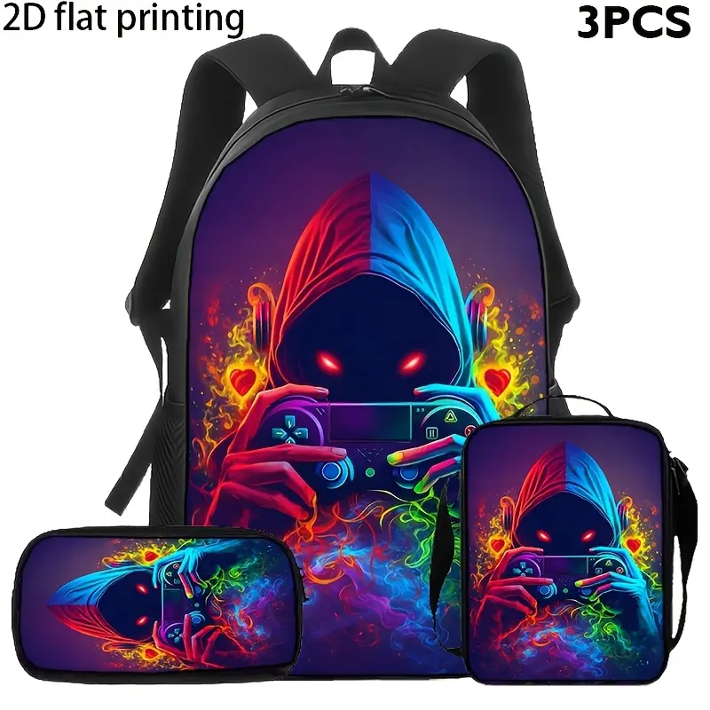 Hooded Gamer 3-Piece Backpack Set, Neon Gaming Controller School Bookbag with Matching Lunch Bag and Pencil Case, Cyber Gamer Backpack for Boys Girls Teens, School Travel Esports Daypack Gift, Sports bag